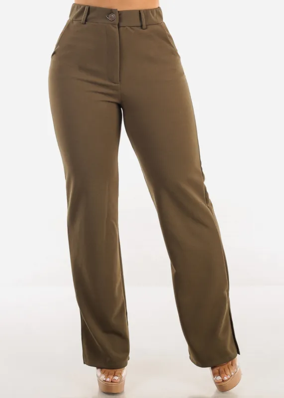 High Waisted Dressy Bootcut Pants Olive w Side Slits sold by Moda