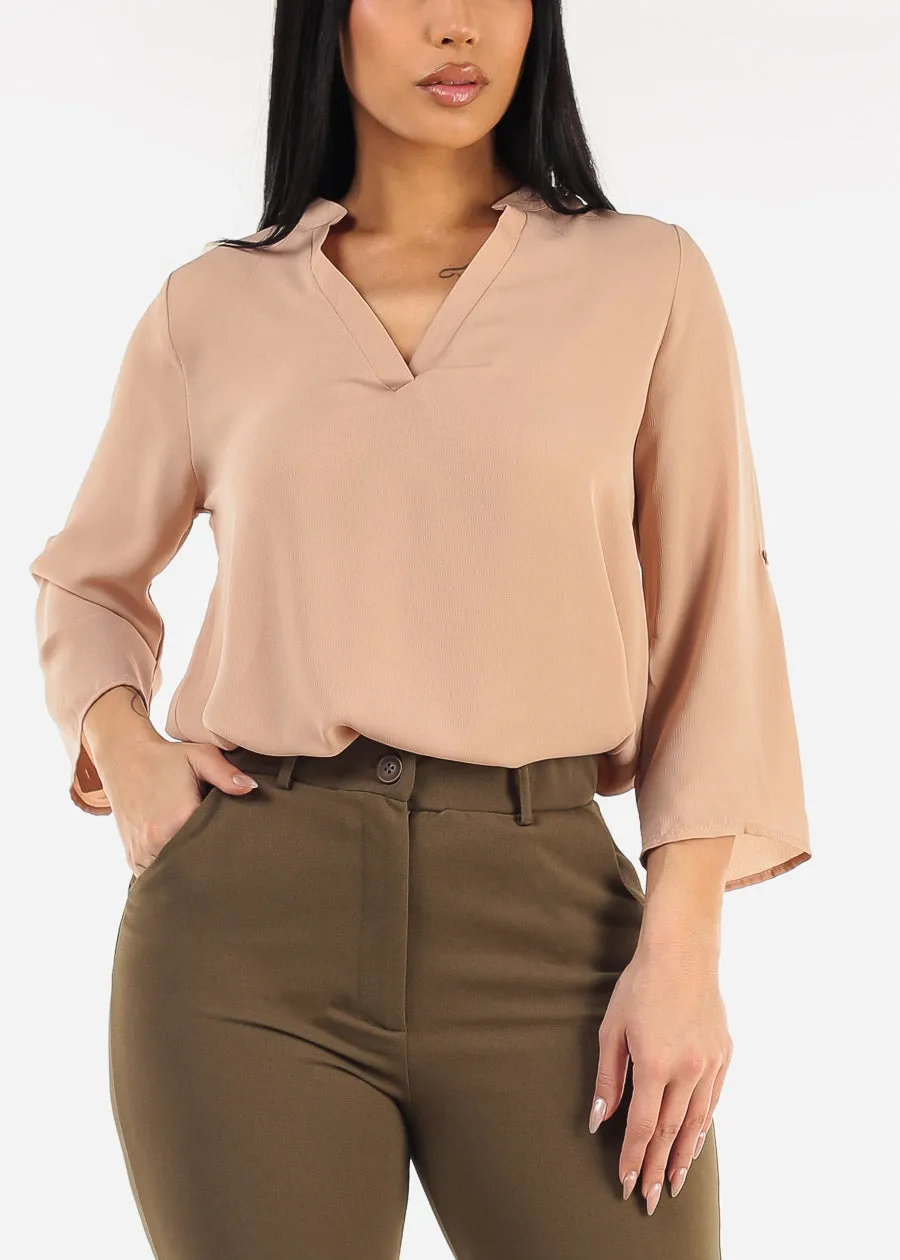 Quarter Sleeve V-Neck Blouse Beige sold by Moda