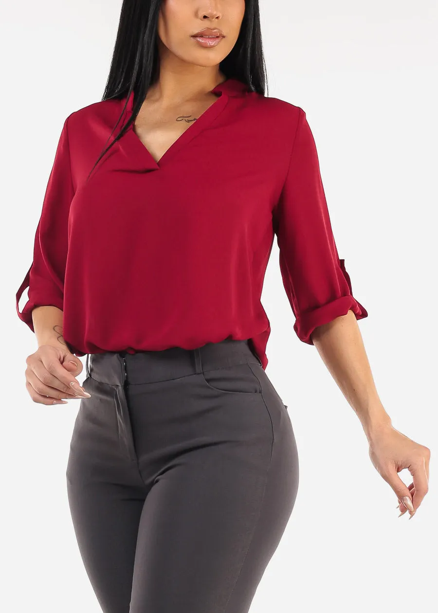 Quarter Sleeve V-Neck Blouse Burgundy sold by Moda