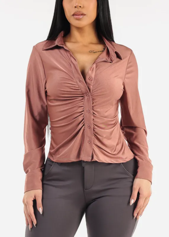 Long Sleeve Stretch Ruched Button Up Blouse Mauve sold by Moda