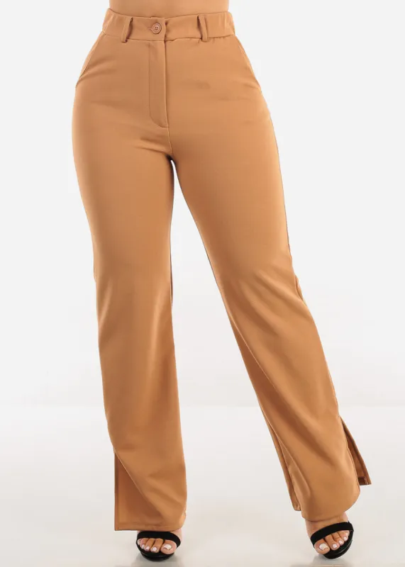High Waisted Dressy Bootcut Pants Tan w Side Slits sold by Moda