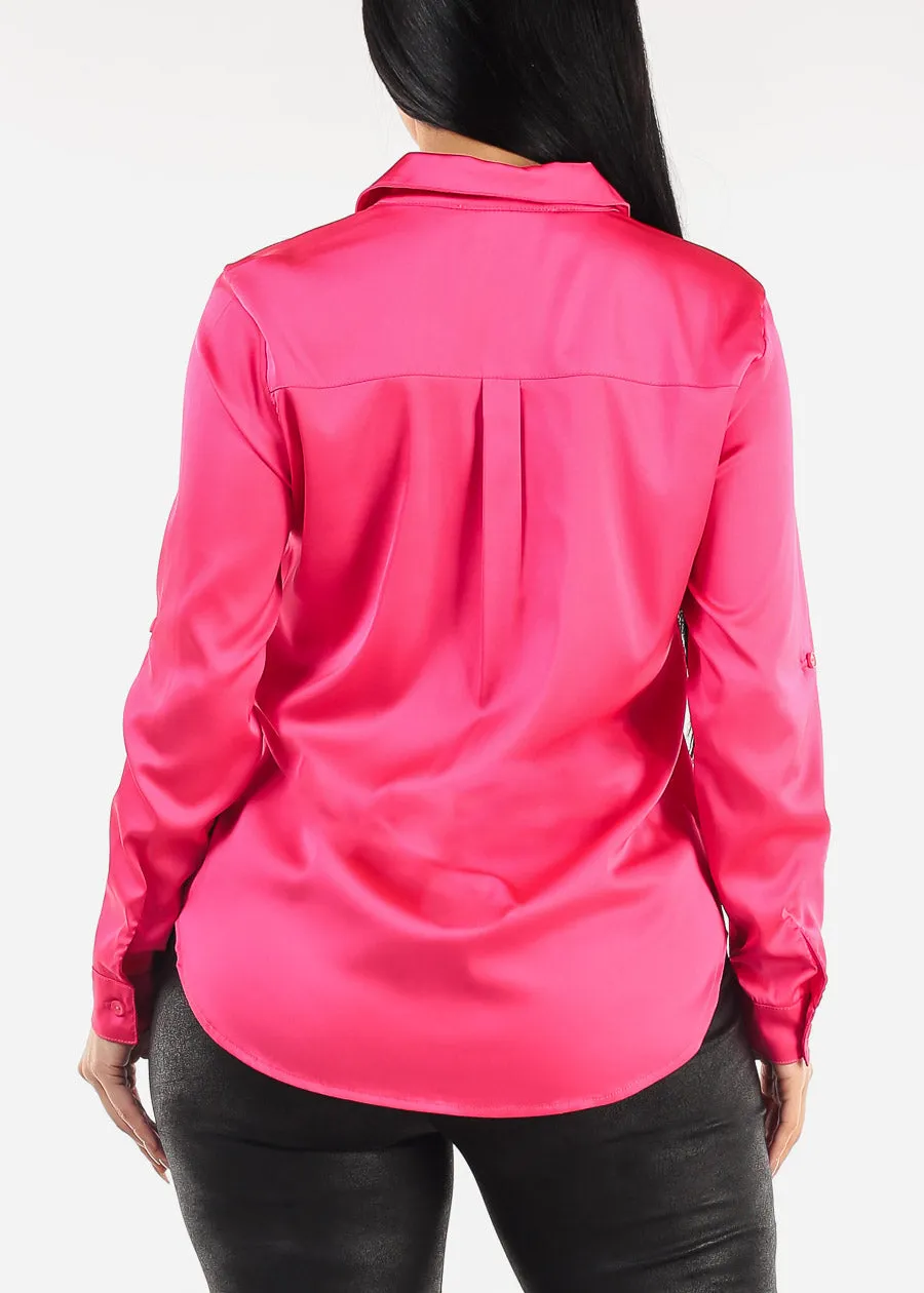 Long Sleeve Button Down Satin Blouse Hot Pink sold by Moda product image thumbnail 4