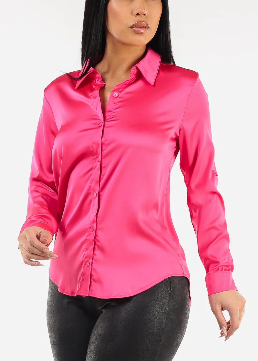 Long Sleeve Button Down Satin Blouse Hot Pink sold by Moda