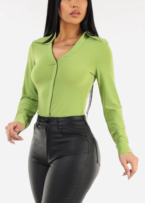 Long Sleeve Button Down Collared Blouse Light Green sold by Moda