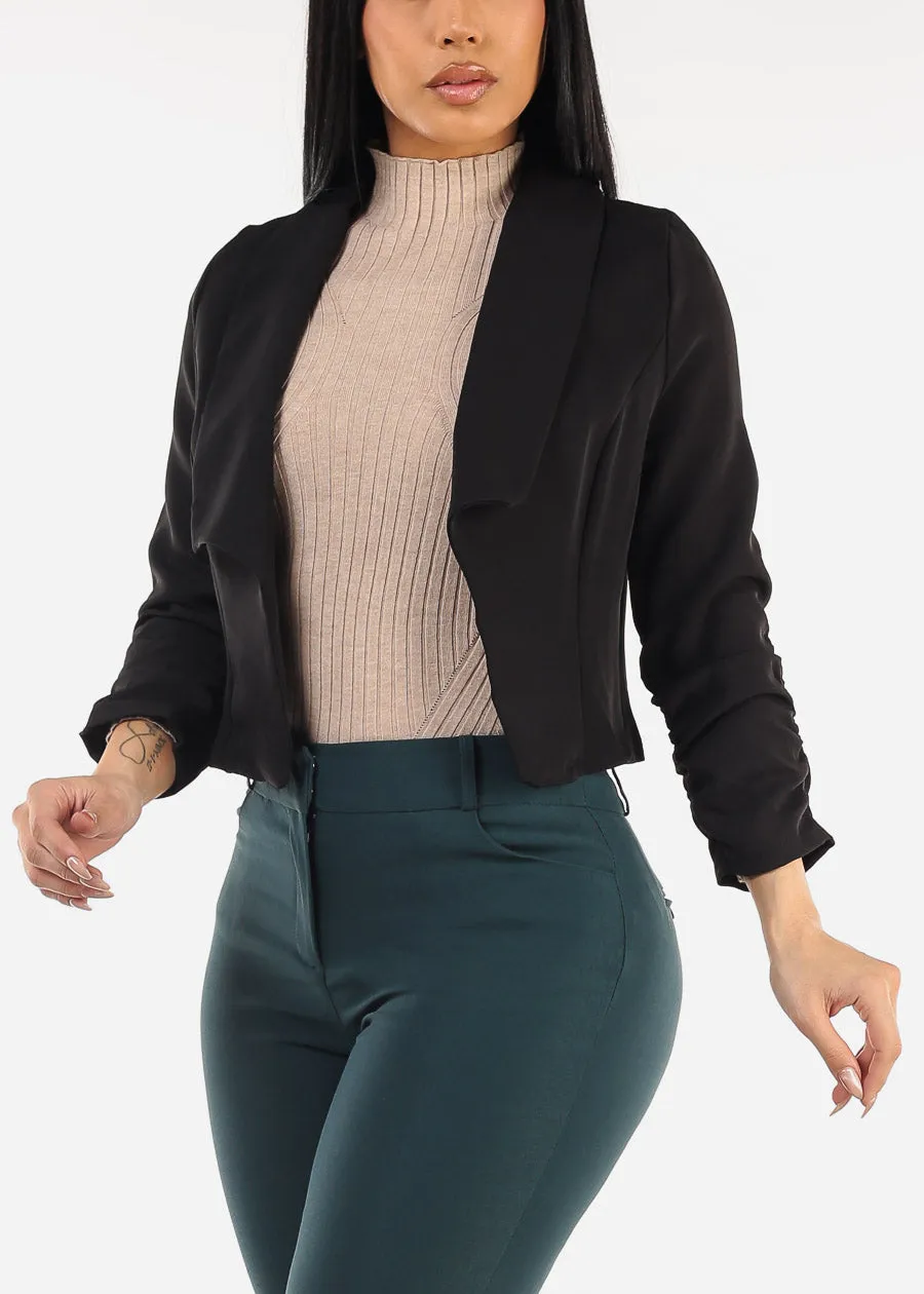 Quarter Sleeve Open Front Crop Blazer Black sold by Moda