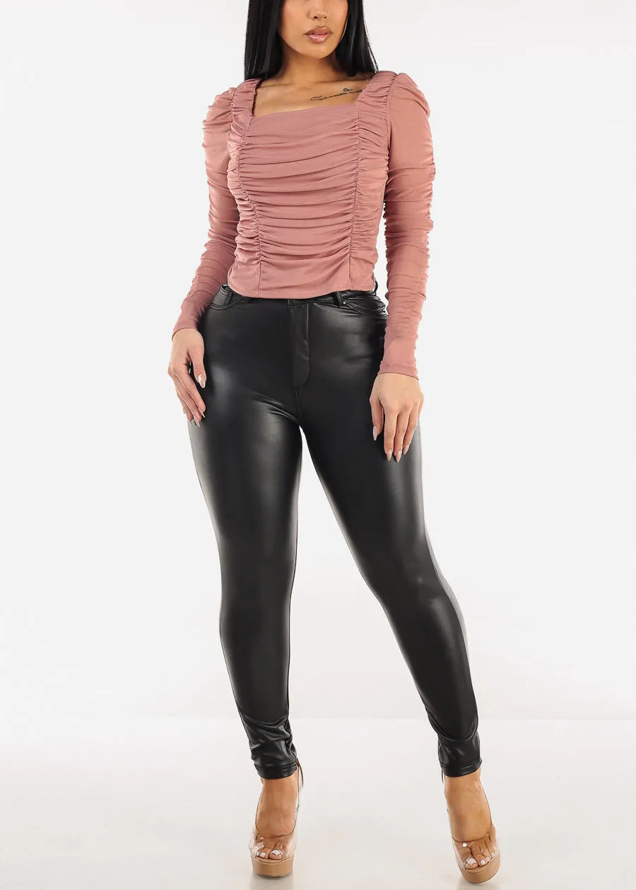 Long Sleeve Square Neck Shirred Mesh Top Mauve sold by Moda product image thumbnail 2