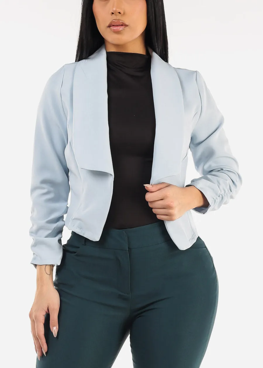 Quarter Sleeve Open Front Crop Blazer Light Blue sold by Moda