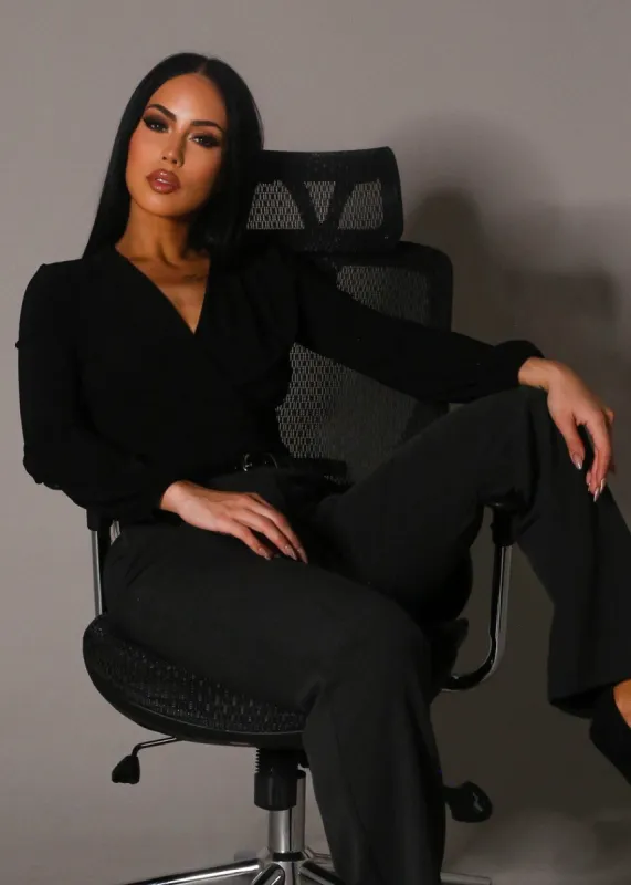 Long Sleeve Surplice Blouse Black sold by Moda
