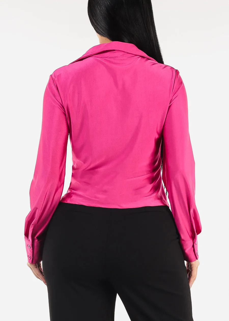 Long Sleeve Stretch Ruched Button Up Blouse Magenta sold by Moda product image thumbnail 4