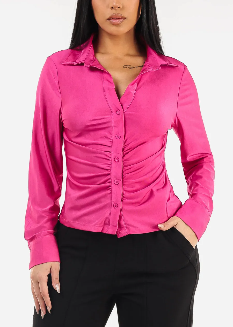 Long Sleeve Stretch Ruched Button Up Blouse Magenta sold by Moda