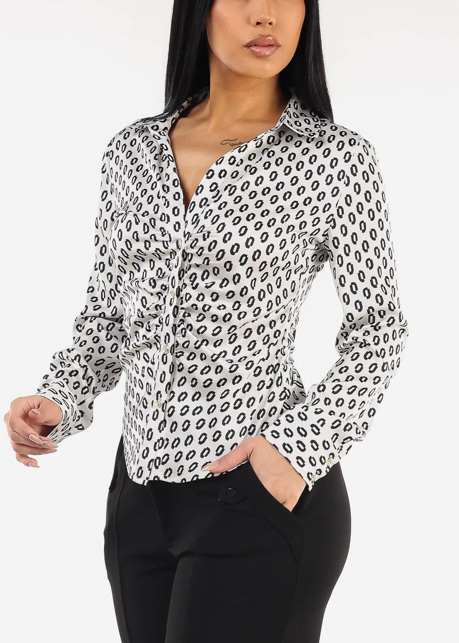 Button Down Ruched Printed Blouse Off White sold by Moda