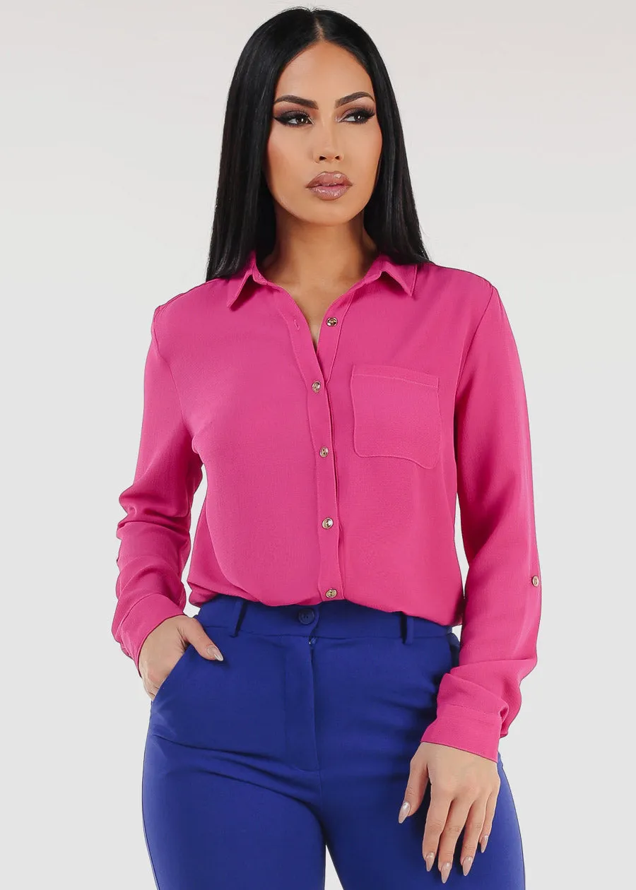 Long Sleeve Button Down Blouse Fuchsia sold by Moda