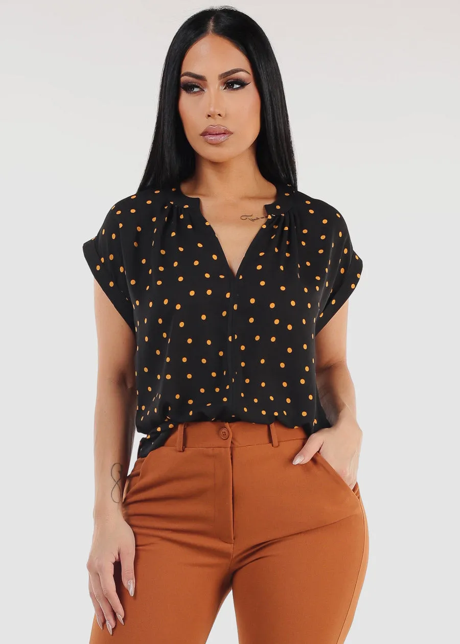 Short Sleeve Vneck Polka Dot Blouse Black sold by Moda