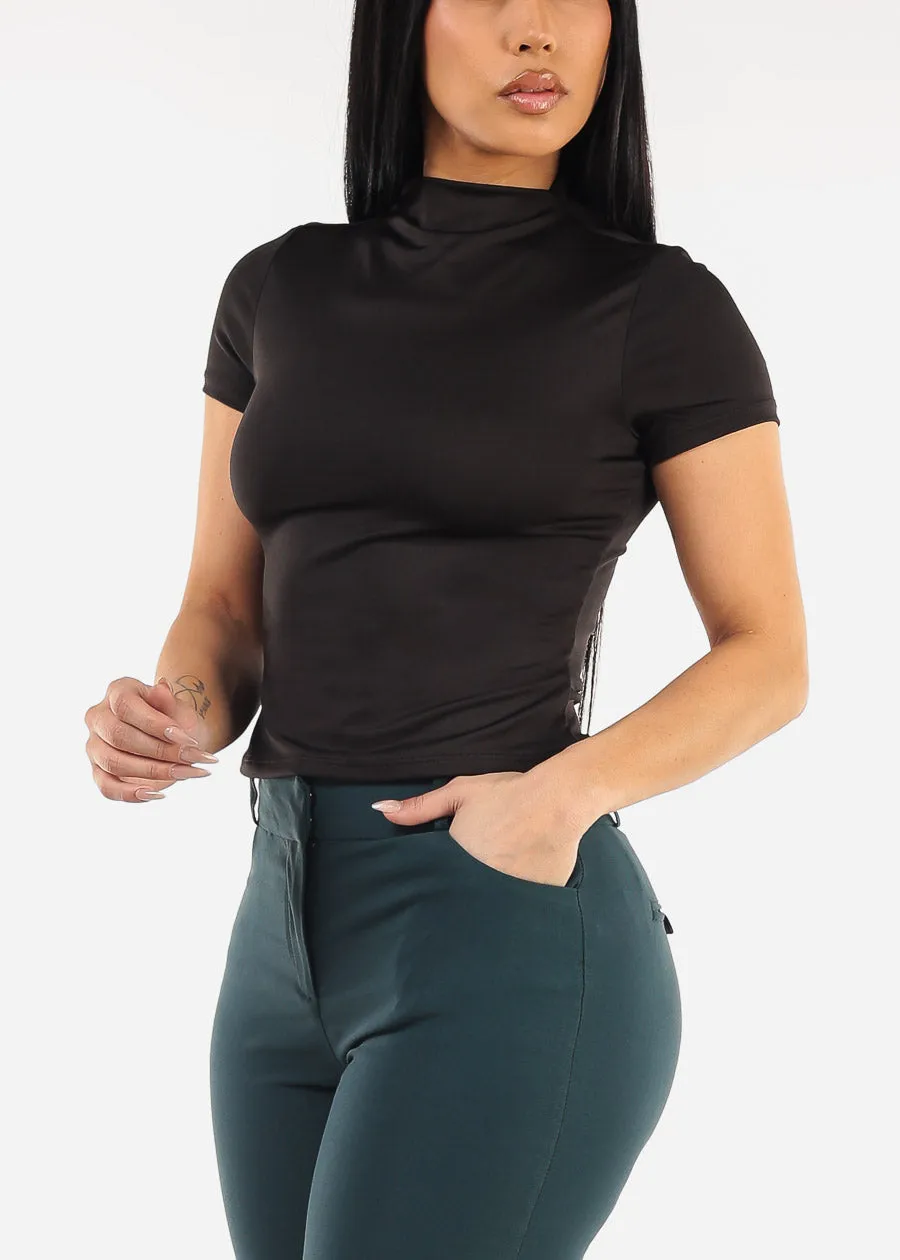 Short Sleeve Mock Neck Stretch Top Black sold by Moda