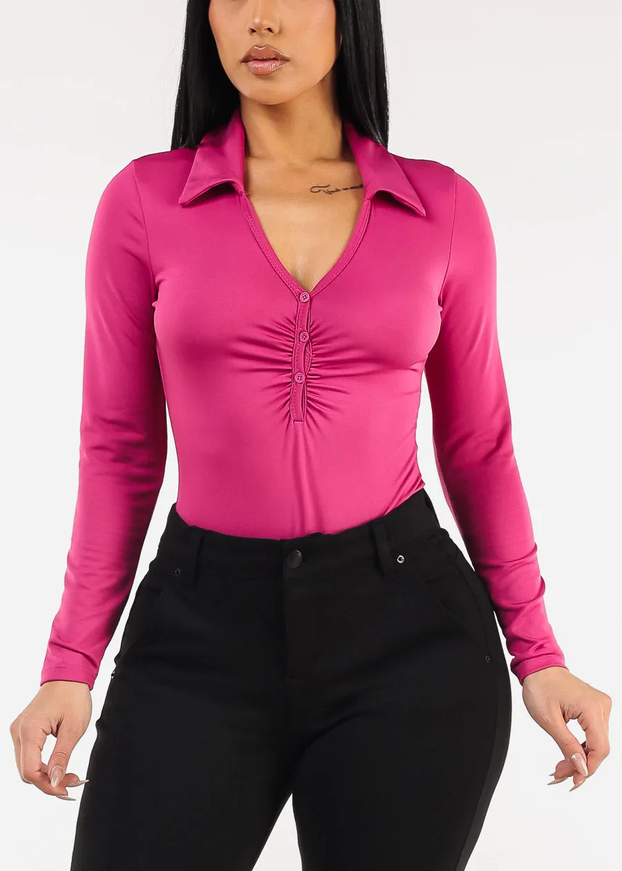 Collared Long Sleeve Thong Bodysuit Magenta sold by Moda product image thumbnail 5