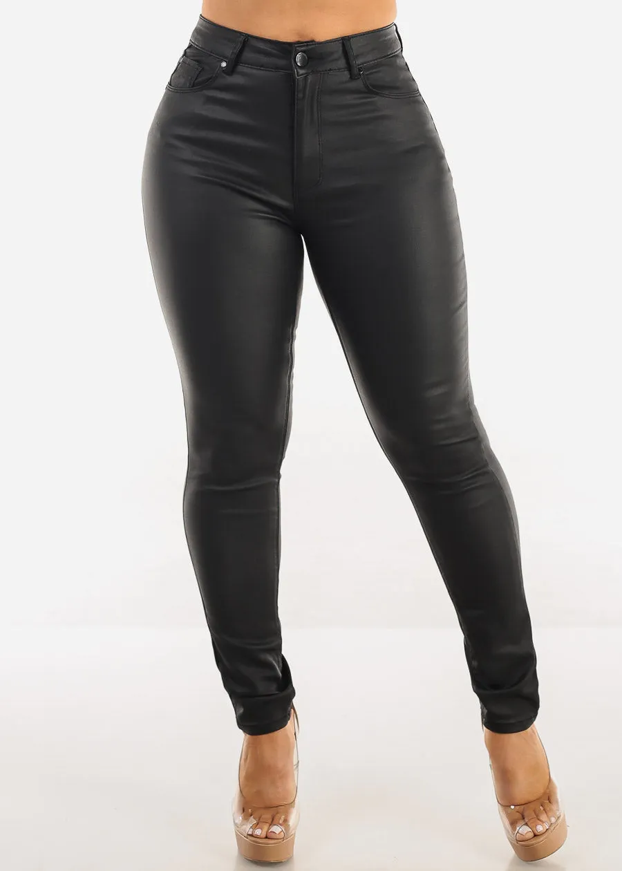 Super High Waist Coated Faux Leather Skinny Jeans Black sold by Moda