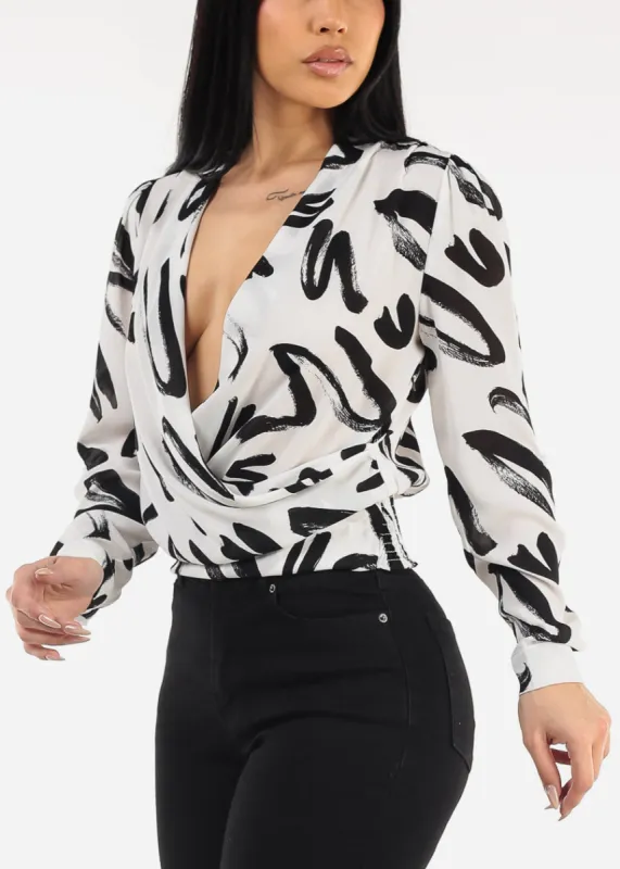 Long Sleeve Surplice Printed Chiffon Blouse White sold by Moda
