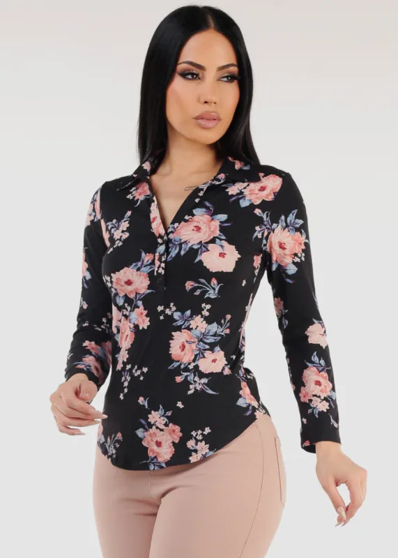 Floral Long Sleeve Henley Blouse Black sold by Moda