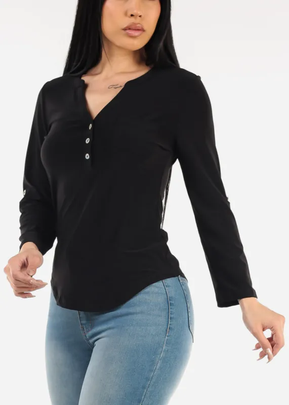 Long Sleeve Henley Blouse Black sold by Moda