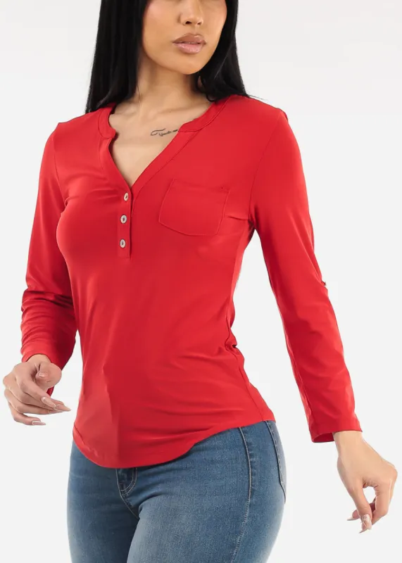 Long Sleeve Henley Blouse Red sold by Moda