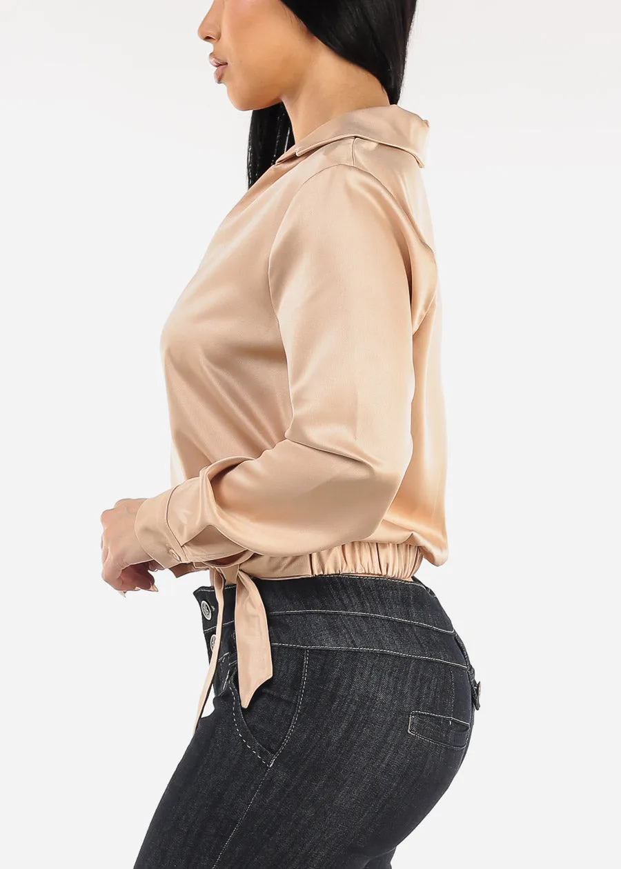 Long Sleeve Surplice Satin Blouse Champagne sold by Moda product image thumbnail 3