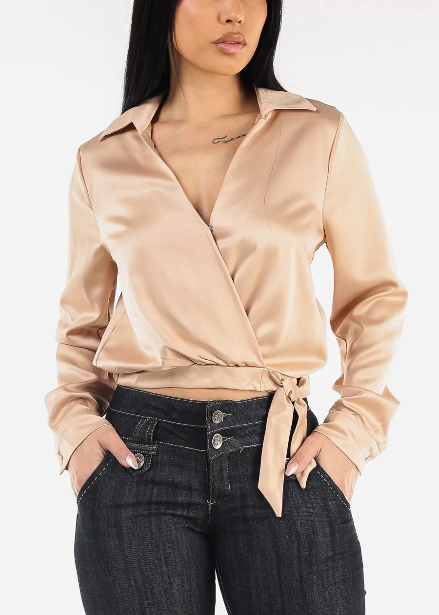 Long Sleeve Surplice Satin Blouse Champagne sold by Moda