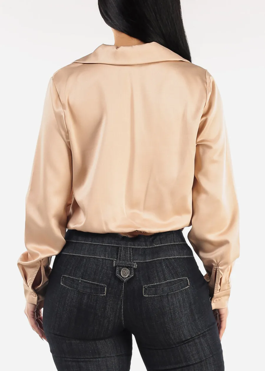 Long Sleeve Surplice Satin Blouse Champagne sold by Moda product image thumbnail 4