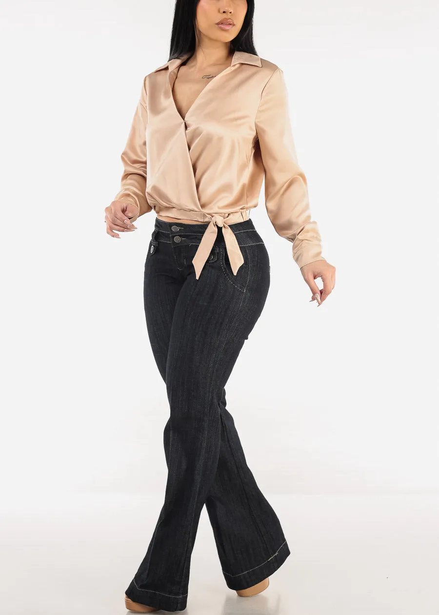 Long Sleeve Surplice Satin Blouse Champagne sold by Moda product image thumbnail 2