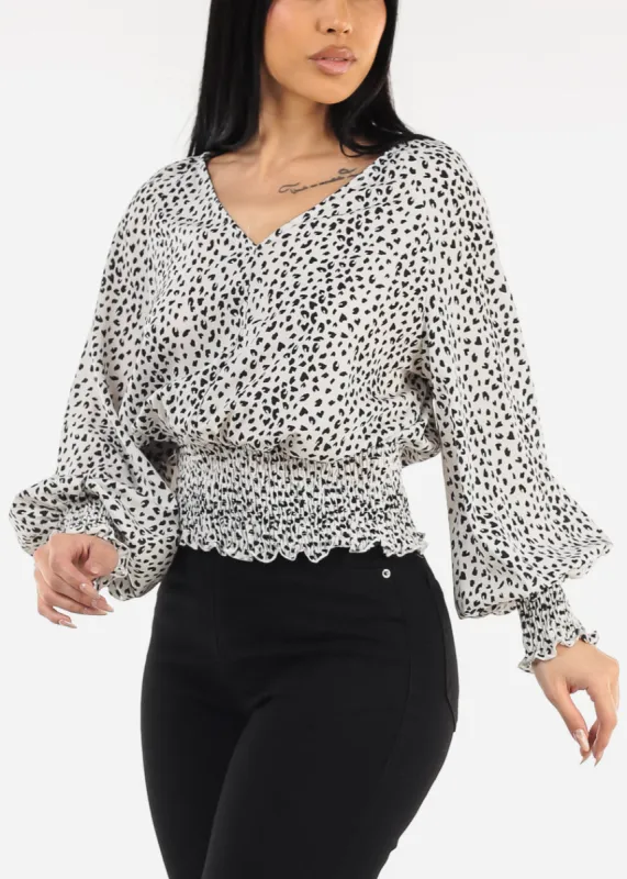 Long Sleeve Leopard Printed Blouse White sold by Moda