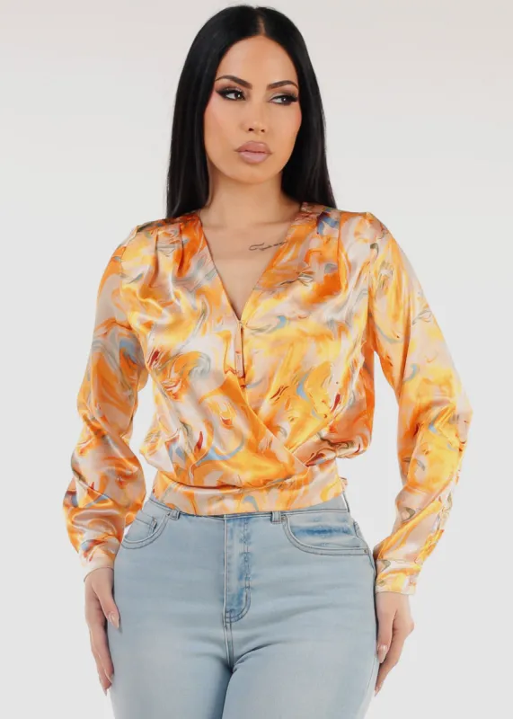 Surplice Long Sleeve Printed Satin Blouse Orange sold by Moda