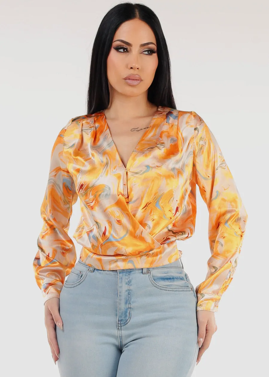 Surplice Long Sleeve Printed Satin Blouse Orange sold by Moda