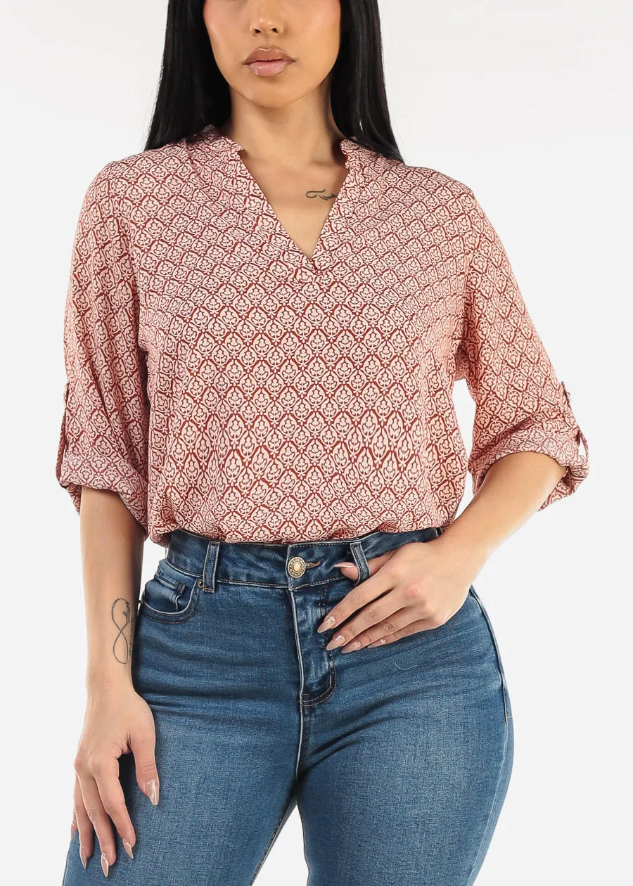 Quarter Sleeve V-Neck Printed Blouse Rust sold by Moda