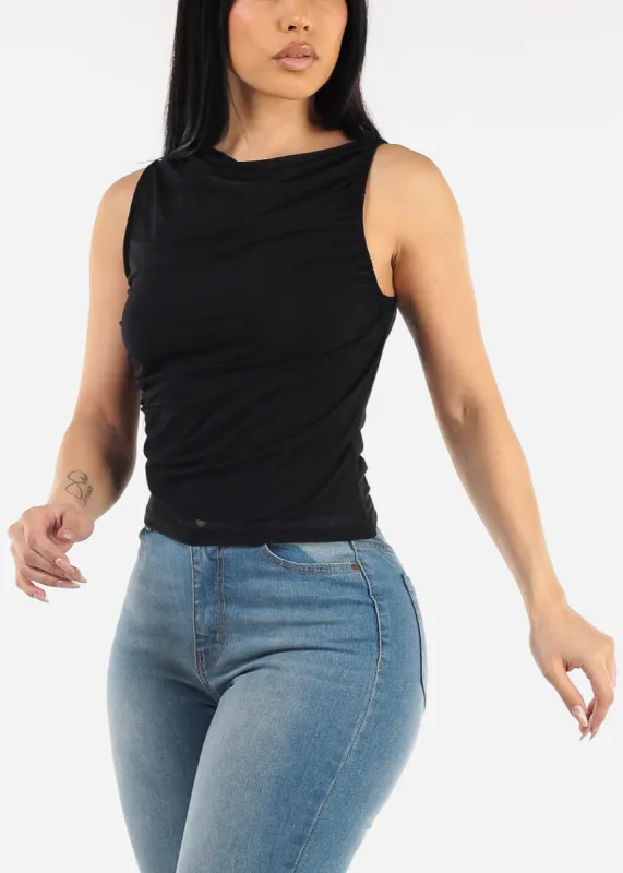 Sleeveless Crewneck Ruched Mesh Blouse Black sold by Moda