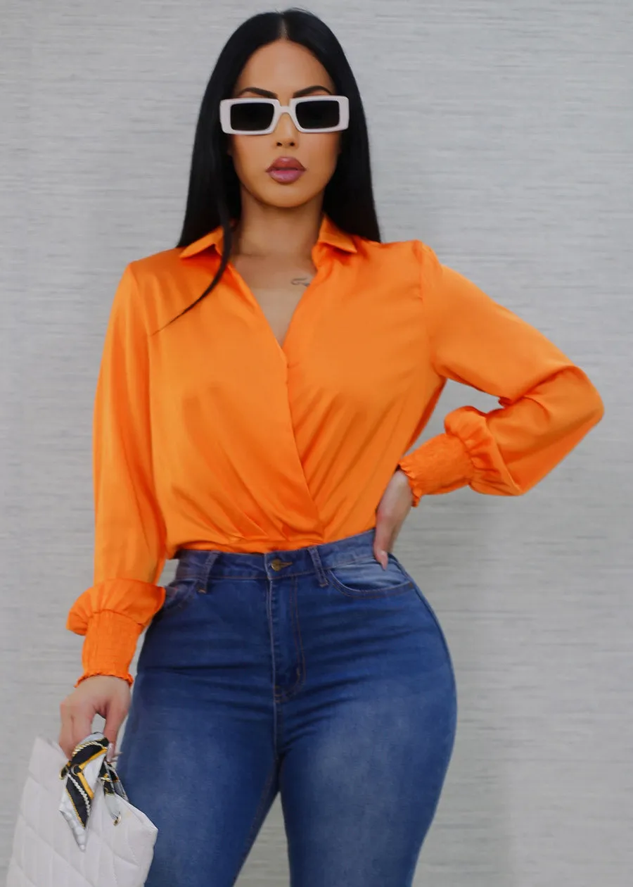 Collared Surplice Satin Blouse Orange sold by Moda