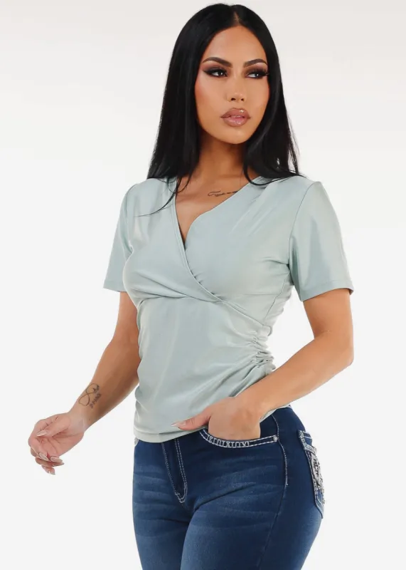 Short Sleeve Surplice Blouse Sage sold by Moda