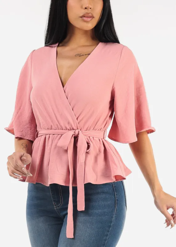 Short Sleeve Surplice Peplum Blouse Mauve sold by Moda