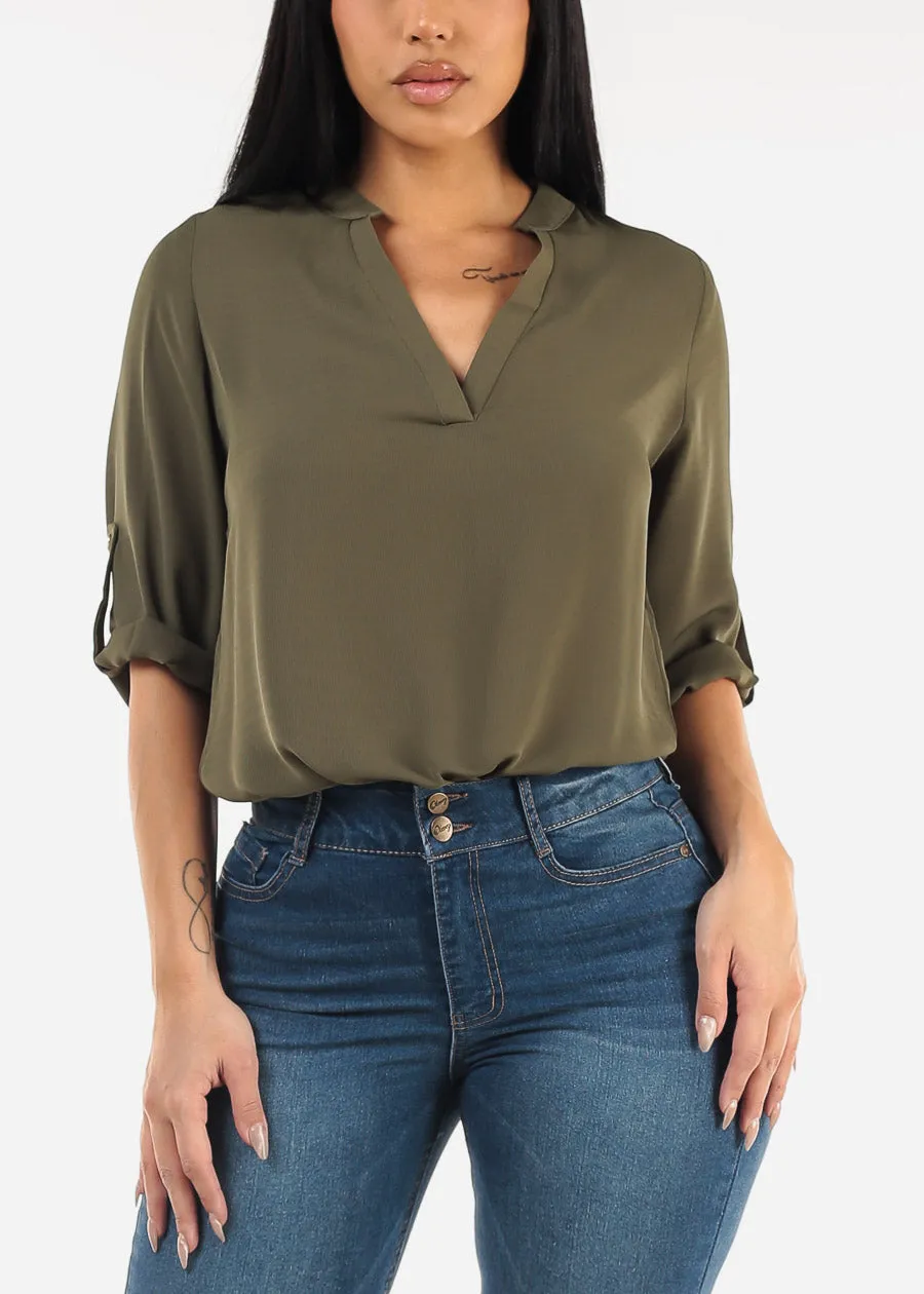 Quarter Sleeve V-Neck Blouse Olive sold by Moda