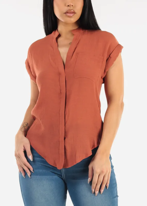 Casual Short Sleeve Button Up Shirt Dark Orange sold by Moda