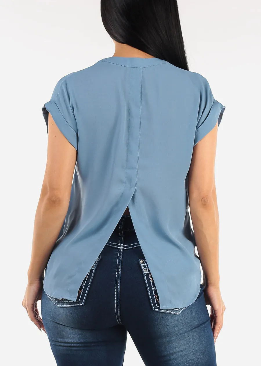 Short Sleeve Button Up Blouse Blue w Back Slit sold by Moda product image thumbnail 4