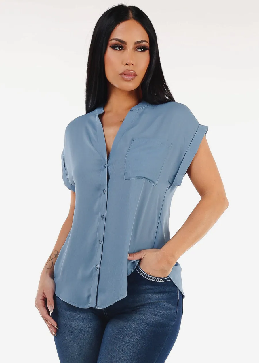 Short Sleeve Button Up Blouse Blue w Back Slit sold by Moda