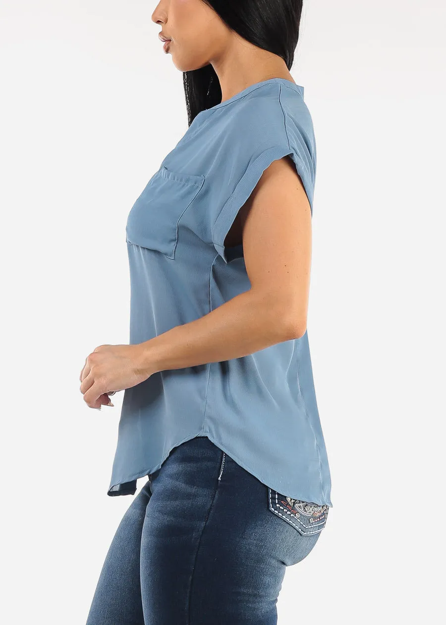 Short Sleeve Button Up Blouse Blue w Back Slit sold by Moda product image thumbnail 3