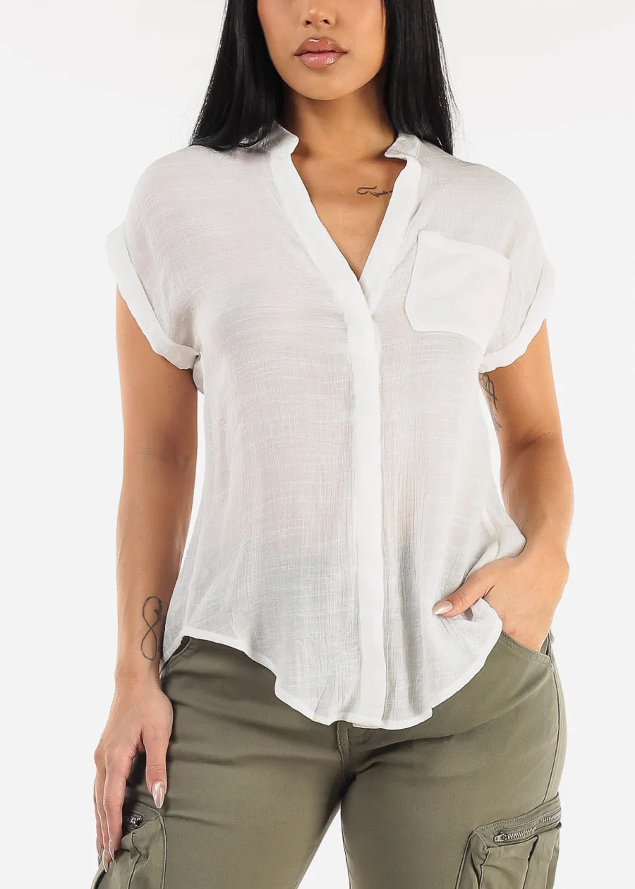 Casual White Short Sleeve Button Up Shirt sold by Moda