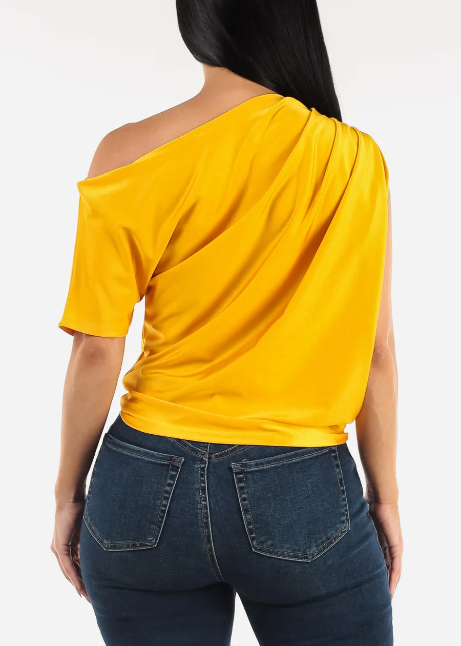 Asymmetrical Neckline Pleated Satin Blouse Mustard sold by Moda product image thumbnail 4