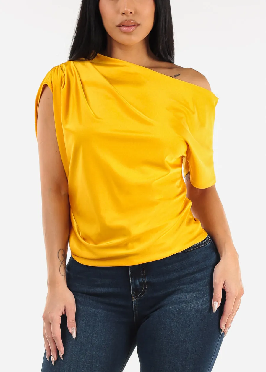 Asymmetrical Neckline Pleated Satin Blouse Mustard sold by Moda