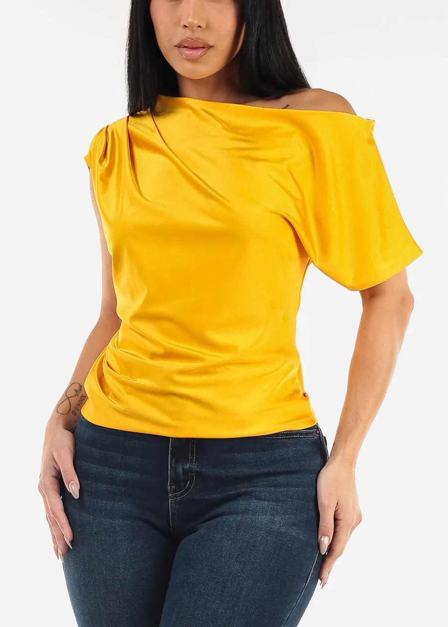 Asymmetrical Neckline Pleated Satin Blouse Mustard sold by Moda product image thumbnail 5