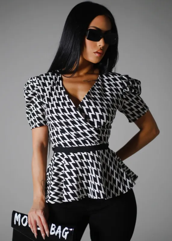 Short Puff Sleeve Printed Peplum Blouse B&W sold by Moda