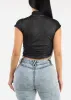 Short Sleeve Mock Neck Glittery Crop Top Black sold by Moda