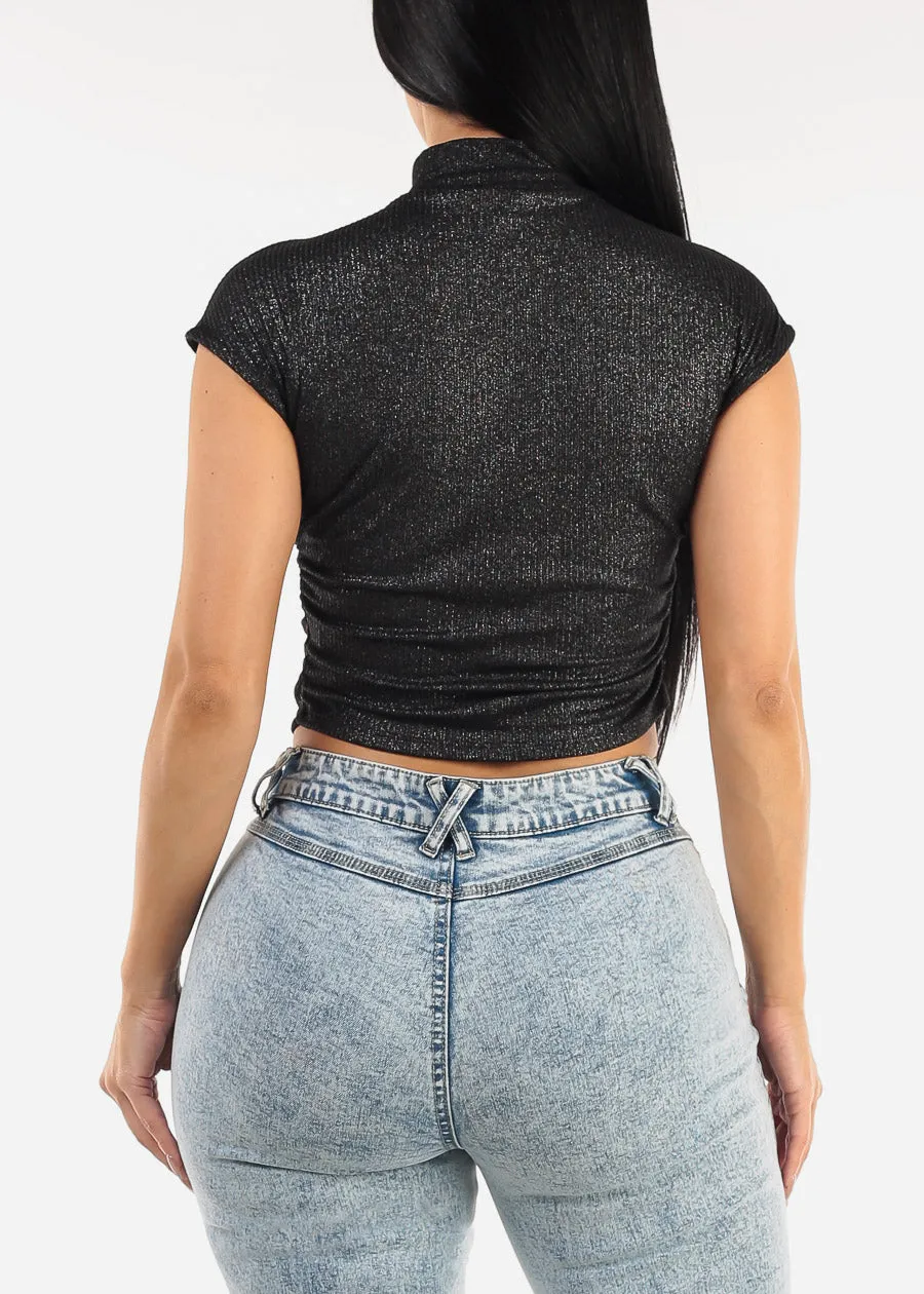 Short Sleeve Mock Neck Glittery Crop Top Black sold by Moda product image thumbnail 4