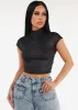 Short Sleeve Mock Neck Glittery Crop Top Black sold by Moda