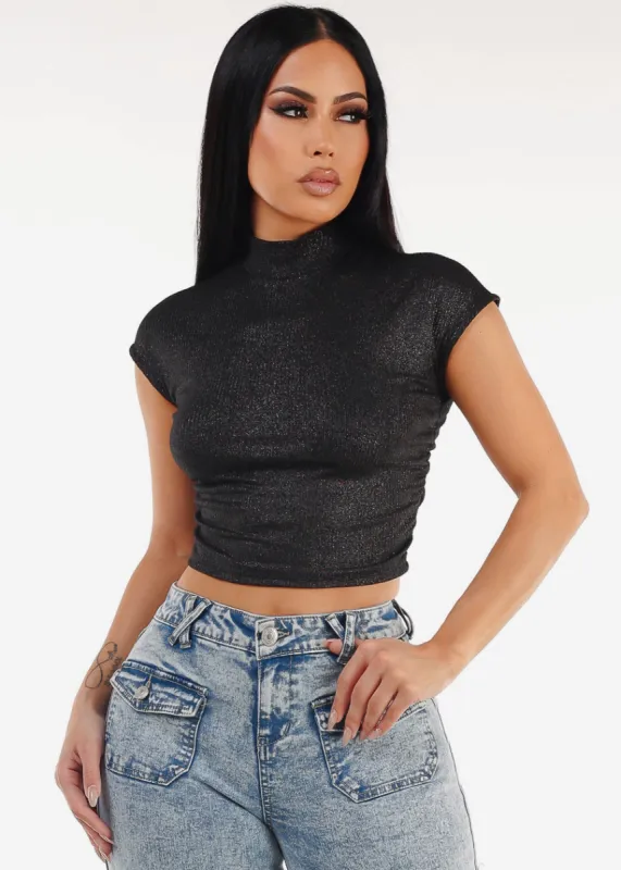 Short Sleeve Mock Neck Glittery Crop Top Black sold by Moda